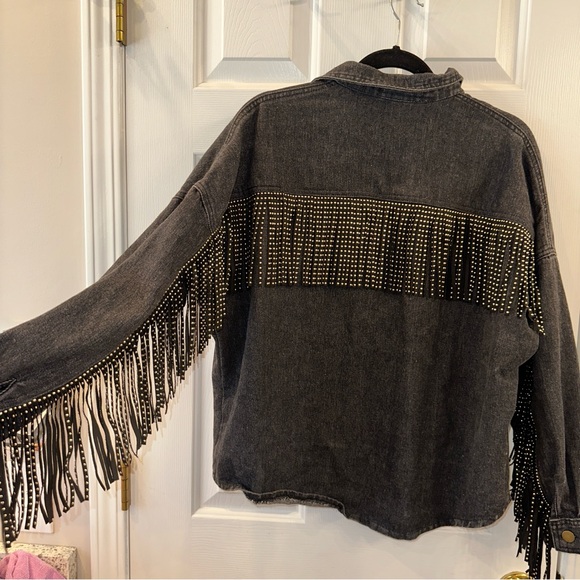 Studded fringe Black Denim Jacket - Picture 4 of 6